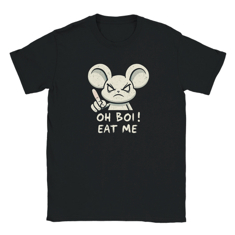 Svart t-shirt med absurd illustration av en mus som visar fingret