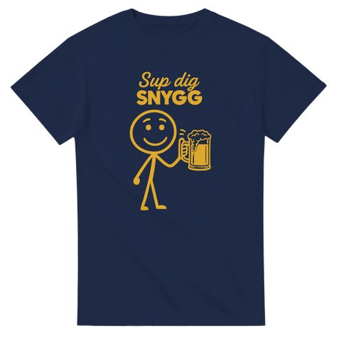Mörkblå t-shirt med lekfull illustration och texten Sup dig snygg