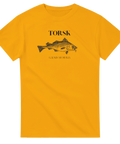 Detaljerat tryck av Gadus Morhua på en gul t-shirt för sportfiskare