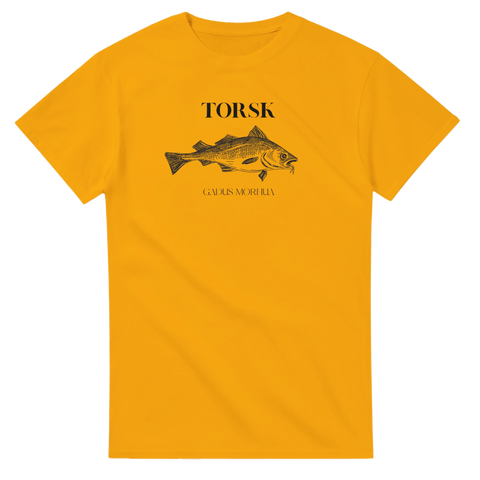 Detaljerat tryck av Gadus Morhua på en gul t-shirt för sportfiskare