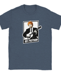 Illustrerad t-shirt med parodi på känd filmposter och orange hårdetalj