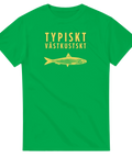 Västkustskt text med en sill i gult tryck på en grön t-shirt.