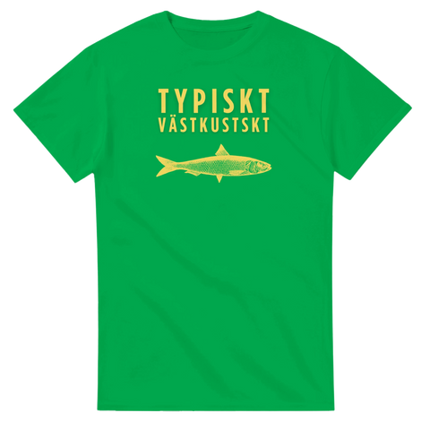 Västkustskt text med en sill i gult tryck på en grön t-shirt.