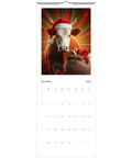 Julko med tomteluva och presentsäck framför strålande bakgrund, Väggkalender 2026.