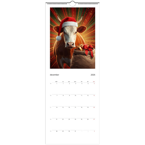 Julko med tomteluva och presentsäck framför strålande bakgrund, Väggkalender 2026.