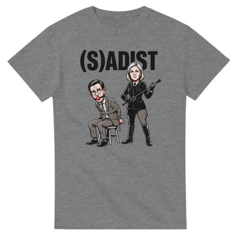Mörk humoristisk design föreställande svenskt maktspel på gråmelerad t-shirt