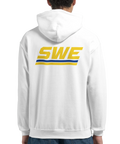 Minimalistisk sportdesign med gult SWE-tryck på en vit hoodie