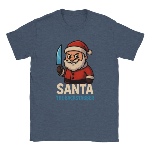 Julmotiv t-shirt med rolig illustration av ond tomte med kniv