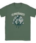 T-shirt med texten "Klimatångest" och en tecknad, panikslagen jordglob som svettas och ser stressad ut – humoristisk design med miljötema