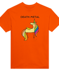 Satirisk Death Metal-enhörning med regnbågsman och text på orange t-shirt.