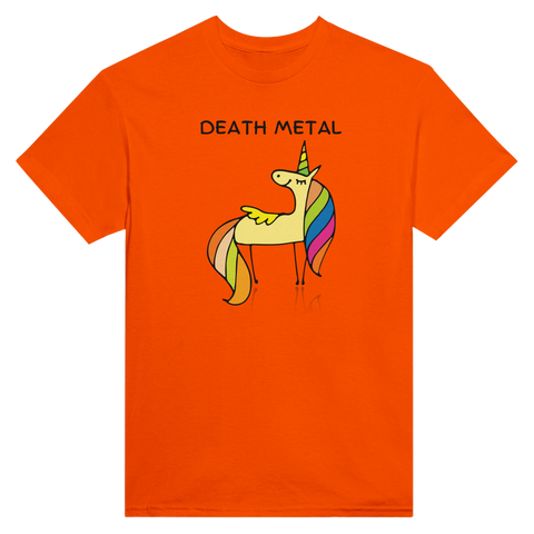 Satirisk Death Metal-enhörning med regnbågsman och text på orange t-shirt.