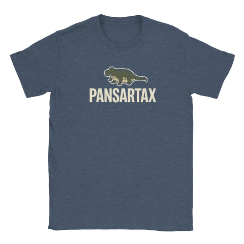 Marinblå t-shirt med absurd illustration och textbaserad design i krämvitt