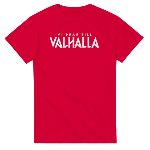 Stilrent vitt citat om Valhalla på röd t-shirt med attityd