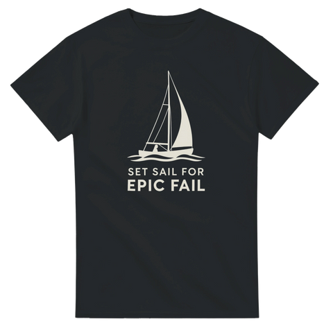 Svart t-shirt med stilren illustration av en segelbåt och ironiskt budskap