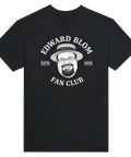 Edward Blom Fan Club-tryck med karikatyr av Blom i stråhatt, på svart T-shirt.