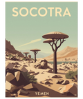 Närbild på en grafisk illustration av Socotra i vintagestil med siluetter av träd mot en ljusblå himmel.