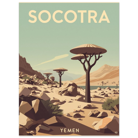 Närbild på en grafisk illustration av Socotra i vintagestil med siluetter av träd mot en ljusblå himmel.