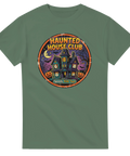 Klassiskt skräcktema med Haunted House Club-tryck på grön t-shirt