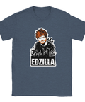 Kulturreferens med Edzilla-tryck i sticker-stil på mörkblå melerad t-shirt