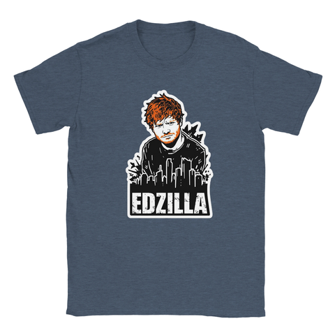 Kulturreferens med Edzilla-tryck i sticker-stil på mörkblå melerad t-shirt