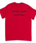 Röd t-shirt med satirisk text om Google och digital nostalgi
