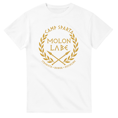 Historiskt Camp Sparta motiv med lagerkrans i guld på vit t-shirt