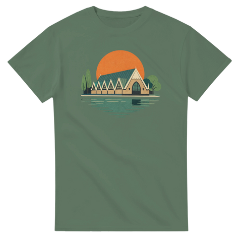 Konstnärligt stadsmotiv med arkitektonisk siluett på en olivgrön t-shirt