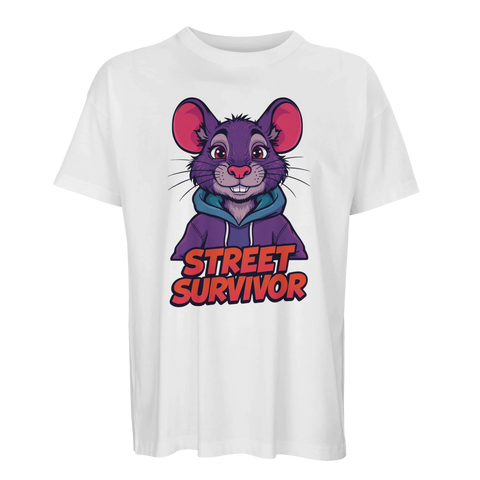 Lila mus i lila hoodie med texten "Street Survivor" på vit oversized ekologisk t-shirt.