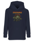 Stegosaurus med solglasögon och text på marinblå barnhoodie med känguruficka.