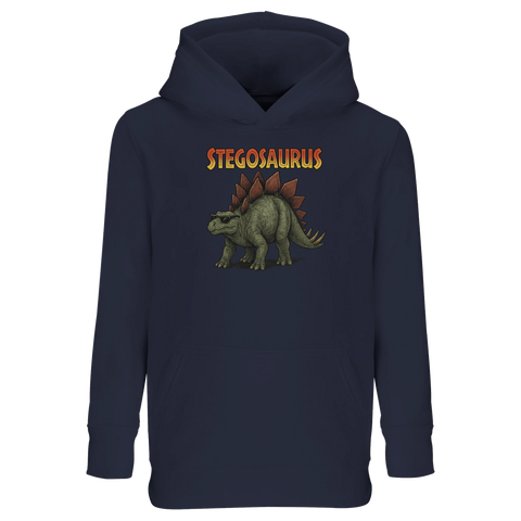 Stegosaurus med solglasögon och text på marinblå barnhoodie med känguruficka.