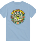 Grafiskt motiv av Små Grodorna Club i badge-stil på ljusblå t-shirt