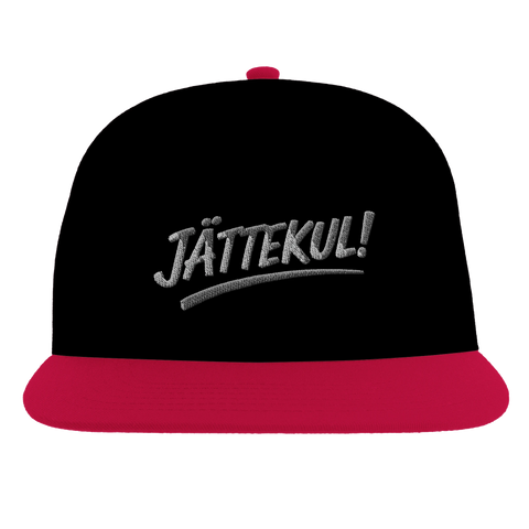 Kaxig snapback-keps med röd skärm och ironiskt textmotiv