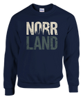 Norrland-tryck med skogssiluett på marinblå sweatshirt, distressed retrostil.