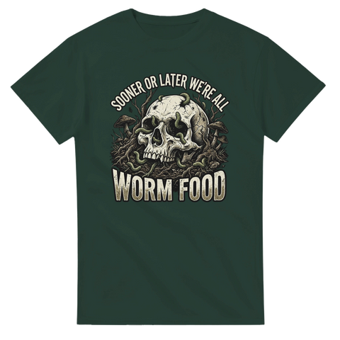 Mörkgrön t-shirt med mörkt humoristiskt motiv av maskar i en skalle