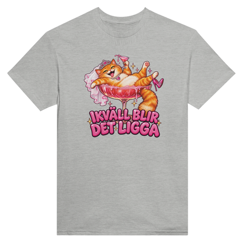 T-shirt med en katt i ett cocktailglas och texten Ikväll blir det ligga