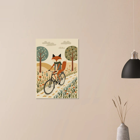 Lekfull rävillustration som väggdekoration i ett stilrent vardagsrum