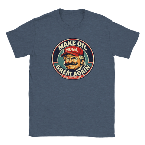T-shirt med kaxig retrodesign och politisk satir i mörkblå melerad ton