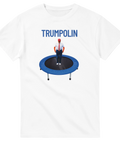 Satirisk illustration av Donald Trump på en blå studsmatta – vit t-shirt