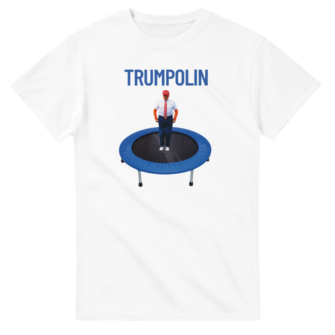 Satirisk illustration av Donald Trump på en blå studsmatta – vit t-shirt