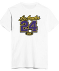 Los Angeles 24 USA-tryck i gult och lila på vit t-shirt, sportig college-stil.