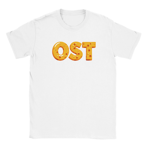 Minimalistisk t-shirt med humoristiskt ostmotiv och tydlig textdesign