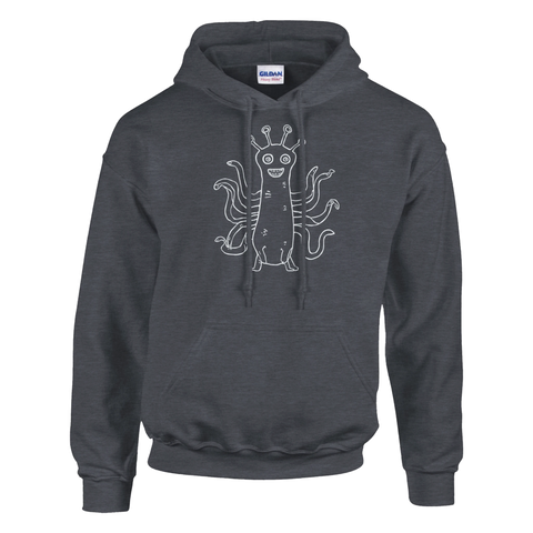 Vitt streckritat tentakelmonster med ögon och tänder på mörkgrå hoodie.