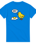 Rolig illustration av kyckling och stekt ägg – blå t-shirt