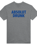 Blå "ABSOLUT DRUNK" logotyp i Absolut Vodka-stil på gråmelerad t-shirt.