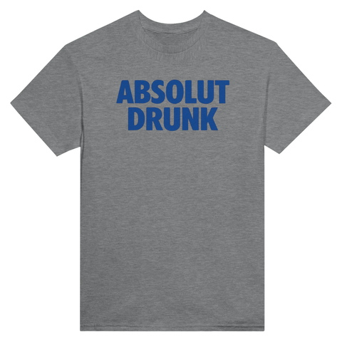 Blå "ABSOLUT DRUNK" logotyp i Absolut Vodka-stil på gråmelerad t-shirt.