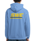 Klassisk atletisk design med SWE-text på en ljusblå hoodie
