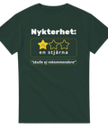 Sarkastisk text: Nykterhet får en stjärna, "skulle ej rekommendera" på mörkgrön t-shirt.