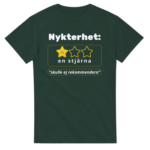 Sarkastisk text: Nykterhet får en stjärna, "skulle ej rekommendera" på mörkgrön t-shirt.