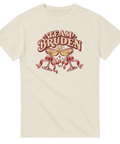 Beige t-shirt med champagneglas, rosett, ring och texten ”Team bruden”.