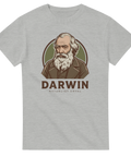 Grafisk illustration av Darwin i badge-stil på gråmelerad t-shirt